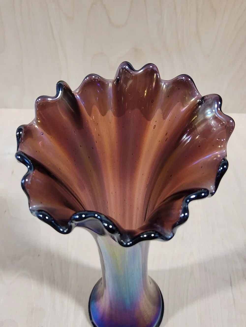 Vintage Iridescent Amethyst Purple Glass Ruffled Rim Trumpet Vase 12 Inch VTG
